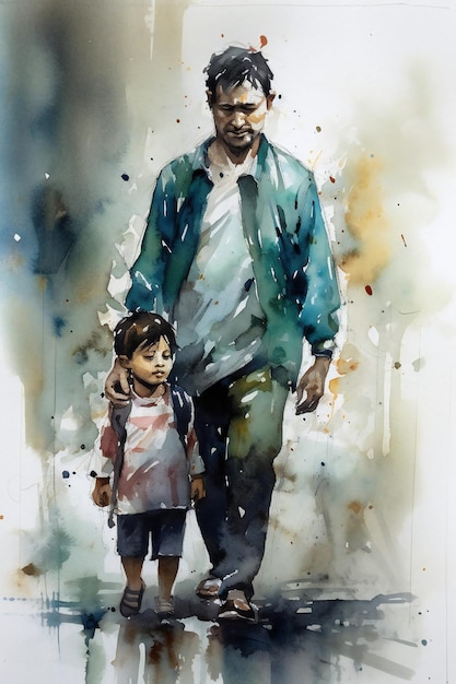 A watercolor painting of a father and son