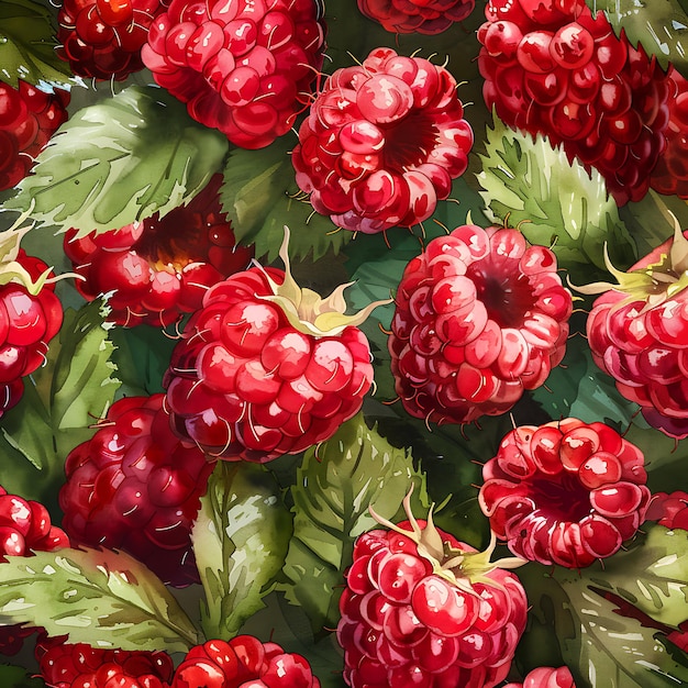 Photo watercolor painting features closeup view of ripe raspberries on their branches