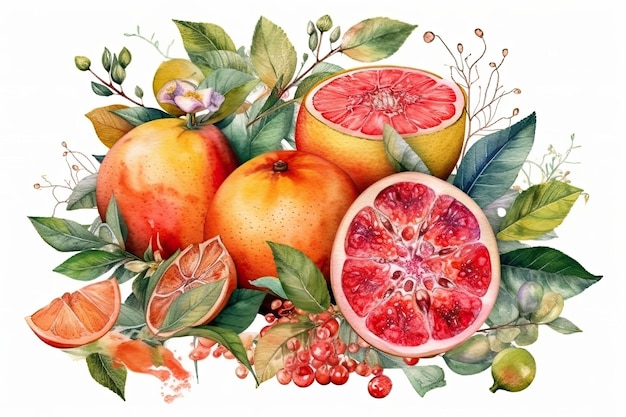 Watercolor painting featuring pomegranates and leaves Generative AI