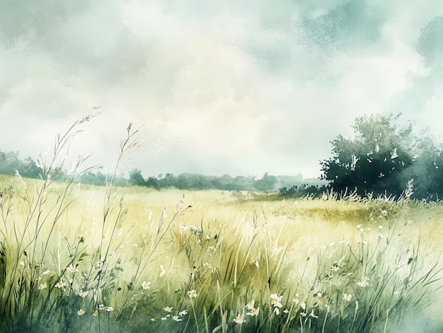 Watercolor Painting of a Field of Tall Grass and White Flowers with a Cloudy Sky