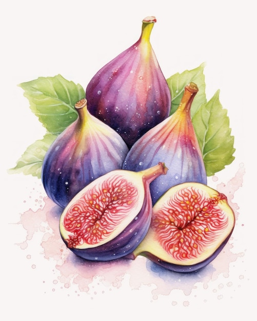 A watercolor painting of figs with the leaves of the figs.