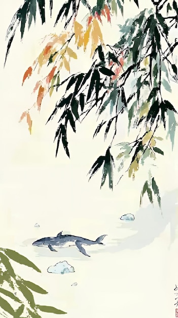 Photo watercolor painting of a fish swimming under a willow tree