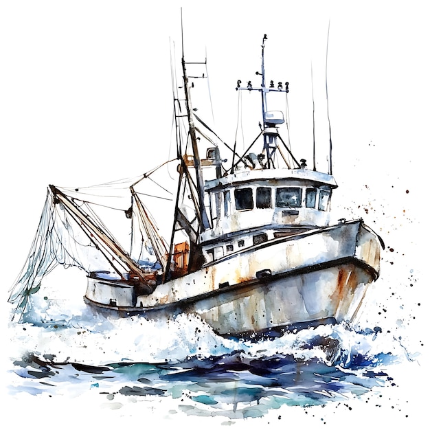 Photo watercolor painting of a fishing boat cutting through the waves