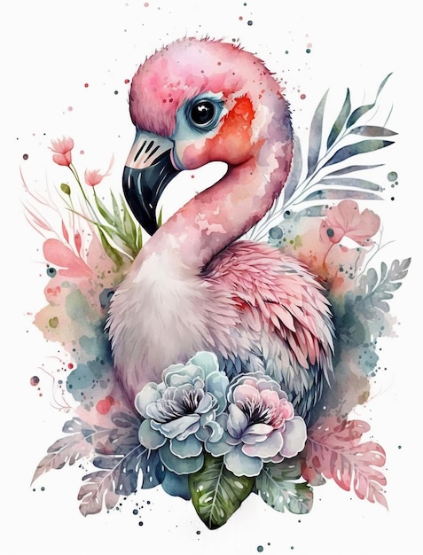 A watercolor painting of a flamingo with flowers and the words flamingo on it.