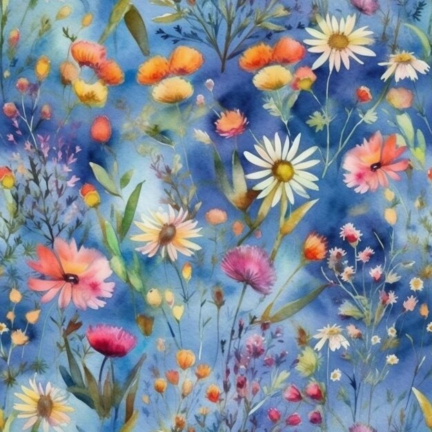 A watercolor painting of a floral background with a blue background and a bunch of flowers.