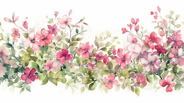 A watercolor painting of a floral border with pink flowers.