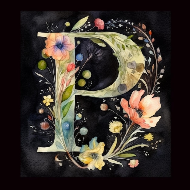 Photo a watercolor painting of a floral letter f.