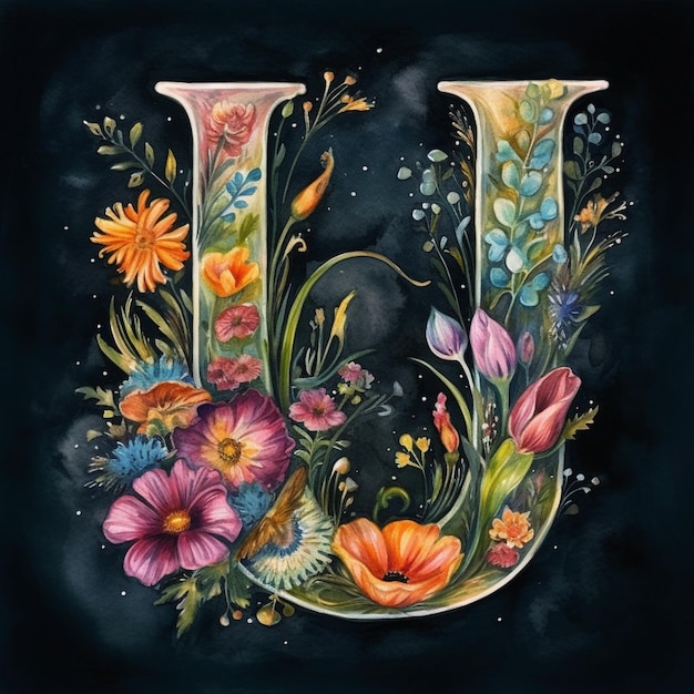 A watercolor painting of a floral letter u with a black background.