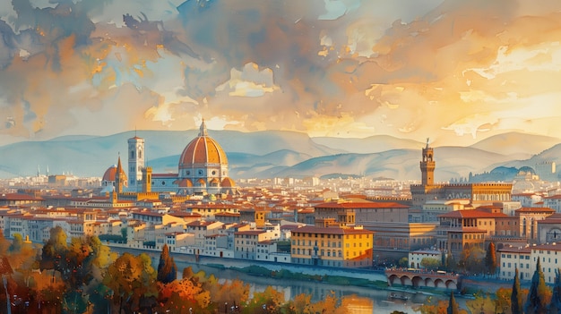 Watercolor Painting of Florence Italy With the Duomo and Ponte Vecchio at Sunset