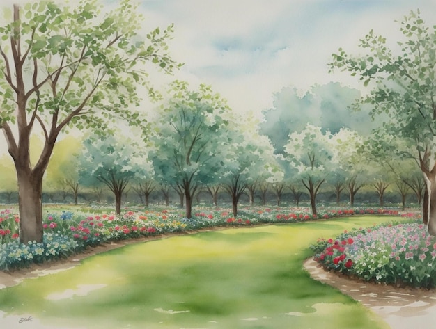 Photo watercolor painting of flower gardenorchard