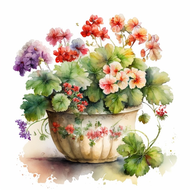 Watercolor painting of a flower pot with red flowers