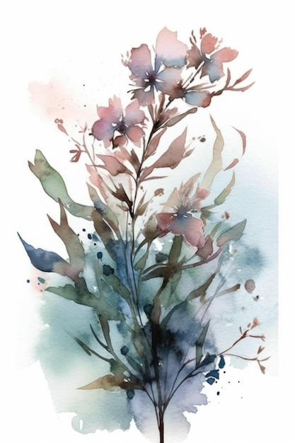 A watercolor painting of a flower with blue and pink flowers.