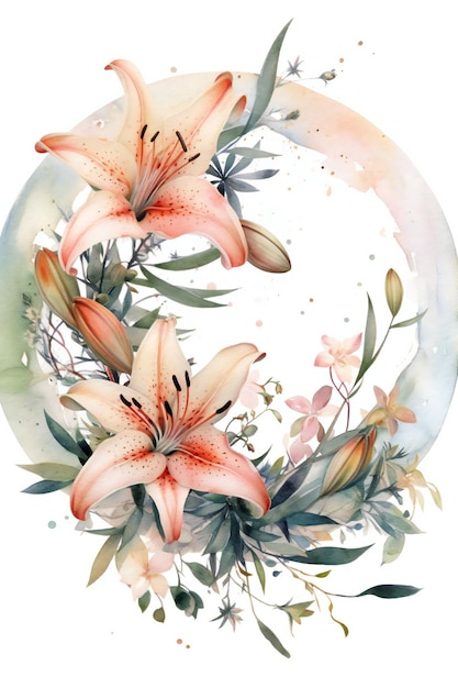 A watercolor painting of a flower with pink lilies.