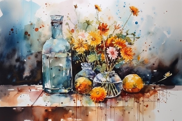 A watercolor painting of flowers and lemons.