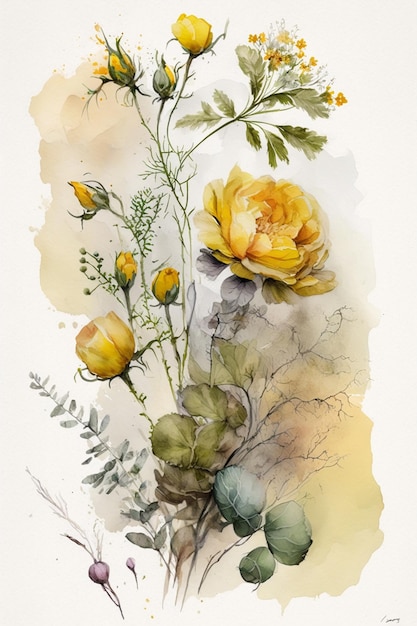 A watercolor painting of flowers and a painted egg.