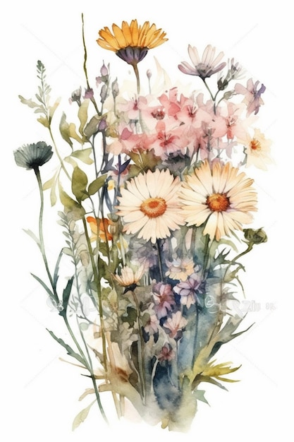 A watercolor painting of flowers in a vase.