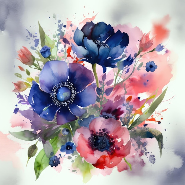 A watercolor painting of flowers with blue and purple flowers.