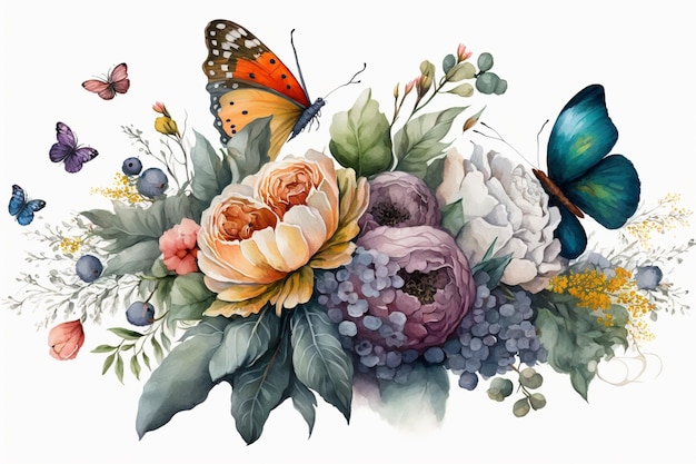 A watercolor painting of flowers with butterflies and flowers.