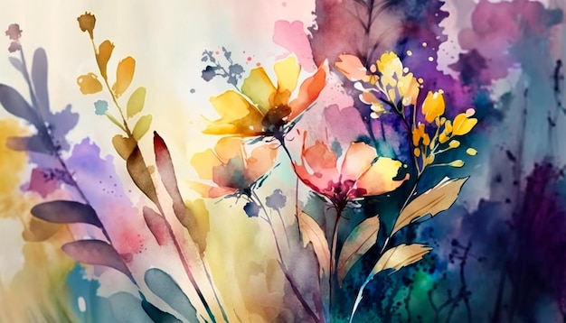 A watercolor painting of flowers with a colorful background.