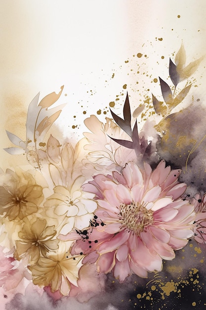 A watercolor painting of flowers with a gold background.