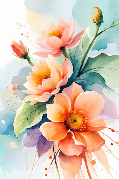 A watercolor painting of flowers with a green leaf.