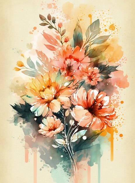 A watercolor painting of flowers with orange, pink, and yellow leaves.