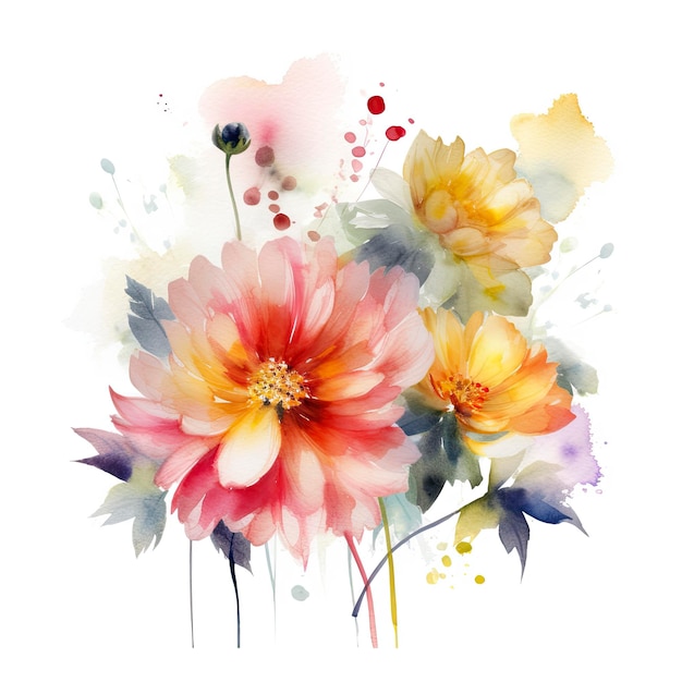 A watercolor painting of flowers with a red and yellow center.