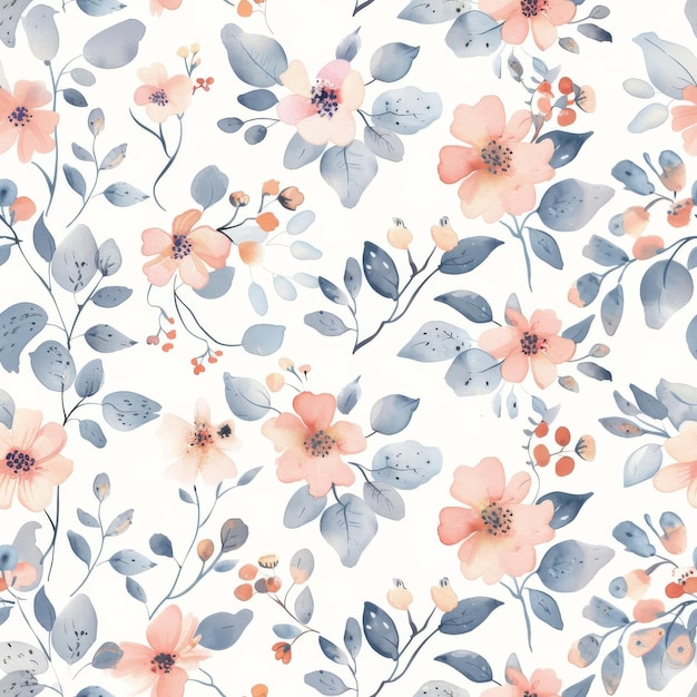 A watercolor painting of a flowery pattern with pink and blue tones