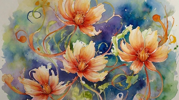 Watercolor painting Flowing floral tendrils Capture the essence of abstract flowers with flowing ten