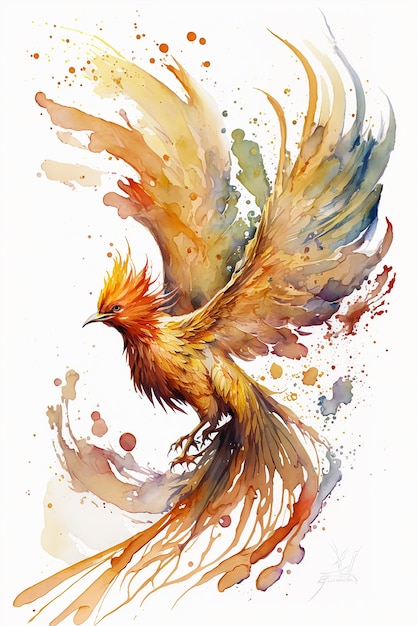 watercolor painting of a flowing phoenix bird flying upwards. ai generated