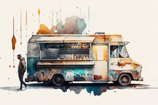 A watercolor painting of a food truck.