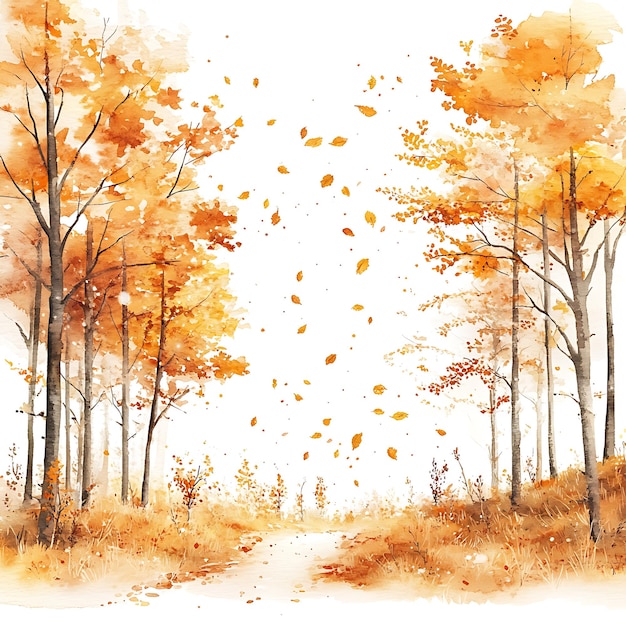 Photo watercolor painting of a forest path in autumn