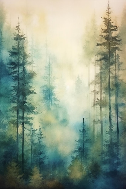 A watercolor painting of a forest scene with a forest scene.