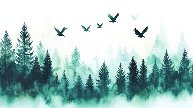 Photo watercolor painting of a forest with birds flying overhead