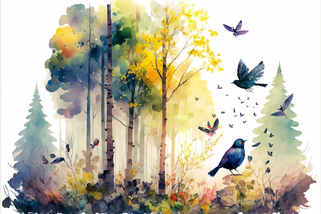 A watercolor painting of a forest with birds flying in the sky.