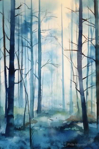 A watercolor painting of a forest with a blue background and a bird on the ground.