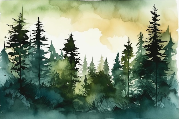 A watercolor painting of a forest with a green background and the words forest on the bottom.