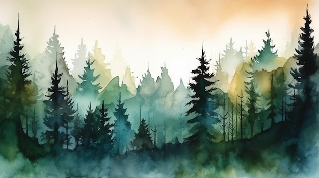 A watercolor painting of a forest with a sky background