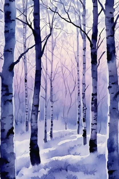 A watercolor painting of a forest with snow covered trees.