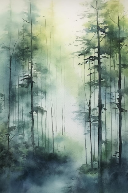 A watercolor painting of a forest with trees in the background.