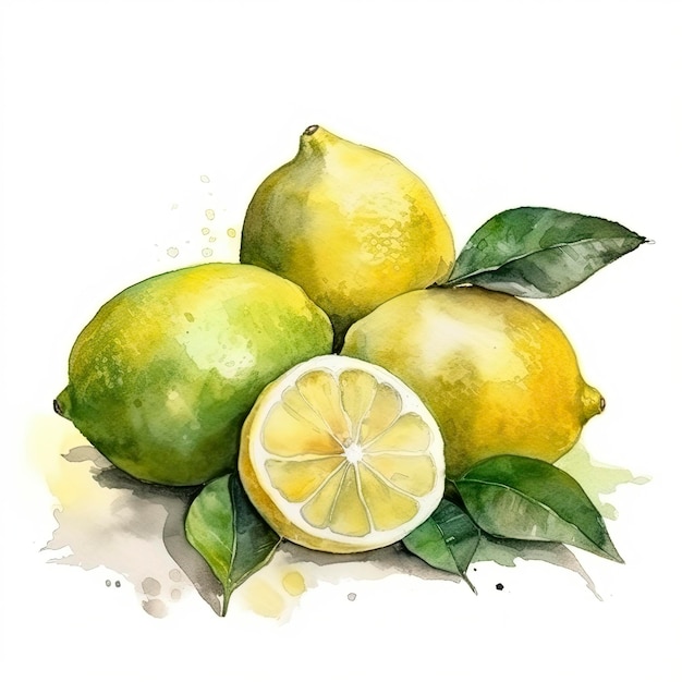 Watercolor painting of four lemons on white background Generate Ai