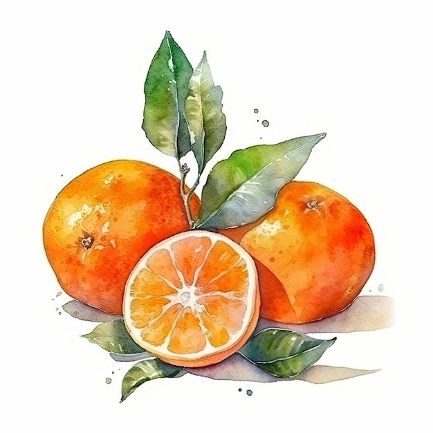 Watercolor painting of four oranges on white background Generate Ai