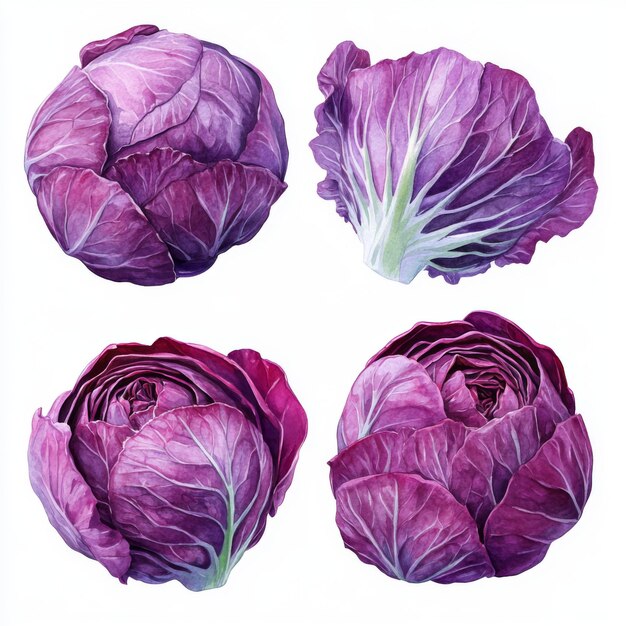 Photo watercolor painting of four red cabbages in various positions