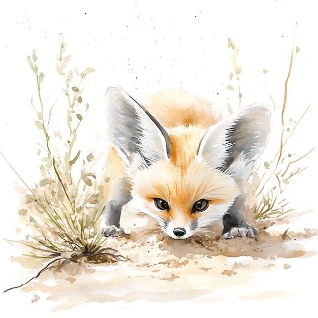 Photo watercolor painting of a fox in the grass