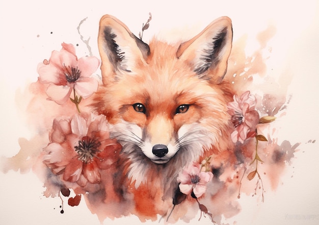 A watercolor painting of a fox with pink flowers.