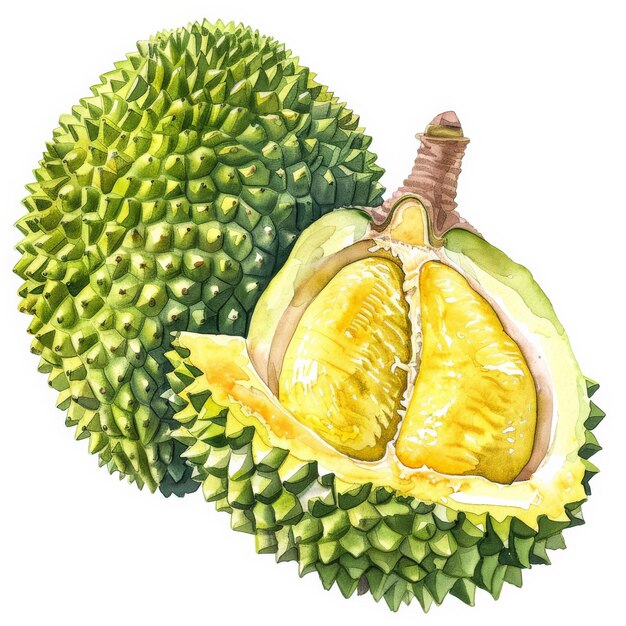 Photo a watercolor painting of a fresh jackfruit showing the detailed green skin and a cutopen view of