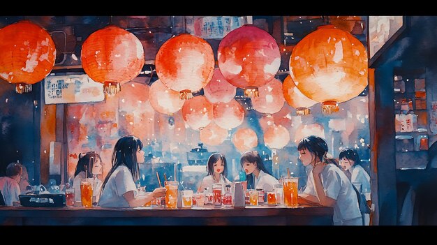 Watercolor Painting of Friends Enjoying Drinks in a Restaurant with Red Lanterns Hanging Overhead