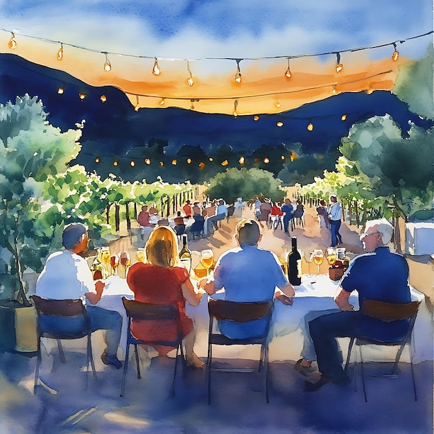 Watercolor Painting of Friends Enjoying Wine and Conversation at a Dinner Party in a Vineyard