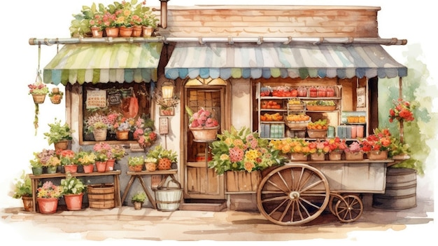 A watercolor painting of a fruit shop.