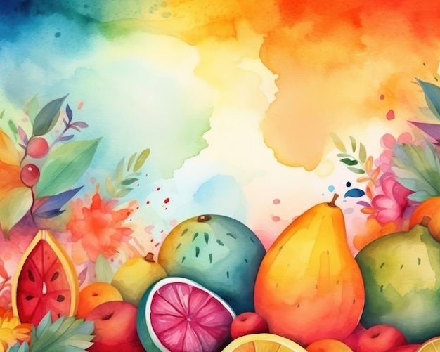 A watercolor painting of fruits and flowers.